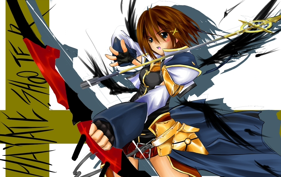 yagami hayate, lyrical nanoha, mahou shoujo lyrical nanoha, mahou shoujo lyrical nanoha a's, 00s, 1girl, aiming, archery, arrow (projectile), black gloves, bow (weapon), brown hair, cowboy shot, female focus, fingerless gloves, gloves, hair ornament, long sleeves, short hair, simple background, solo, weapon, white background, x hair ornament