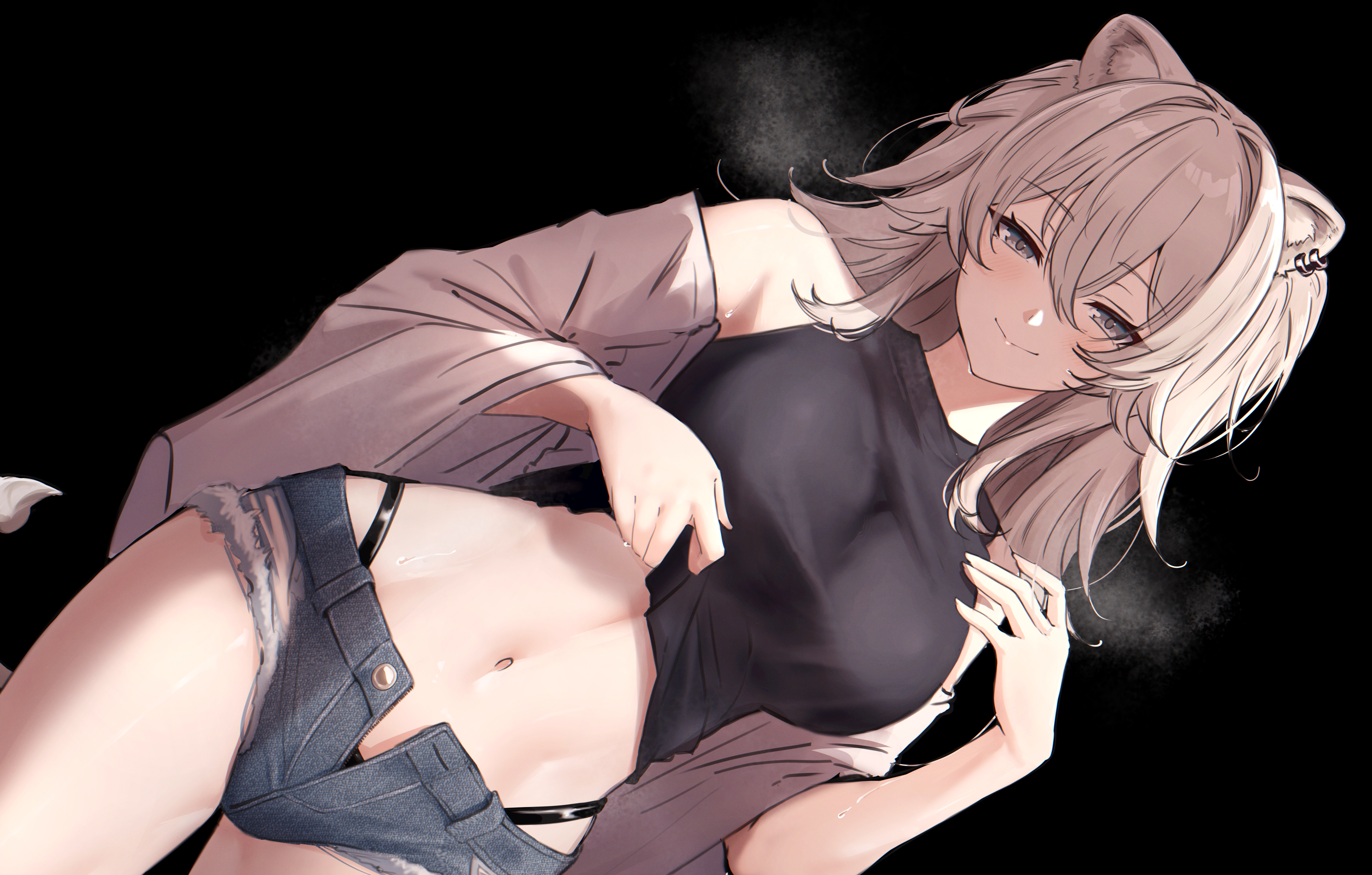 zexalmike, shishiro botan, hololive, absurdres, commentary request, highres, 1girl, ahoge, alternate costume, animal ears, black background, black panties, blue shorts, breasts, closed mouth, cropped shirt, crossed bangs, denim, denim shorts, double-parted bangs, dutch angle, grey eyes, grey hair, hair between eyes, highleg, highleg panties, large breasts, lion ears, lion girl, lion tail, long hair, looking at viewer, messy hair, micro shorts, midriff, navel, off shoulder, open fly, panties, shirt, shorts, simple background, sleeveless, sleeveless shirt, smile, solo, tail, underwear, virtual youtuber