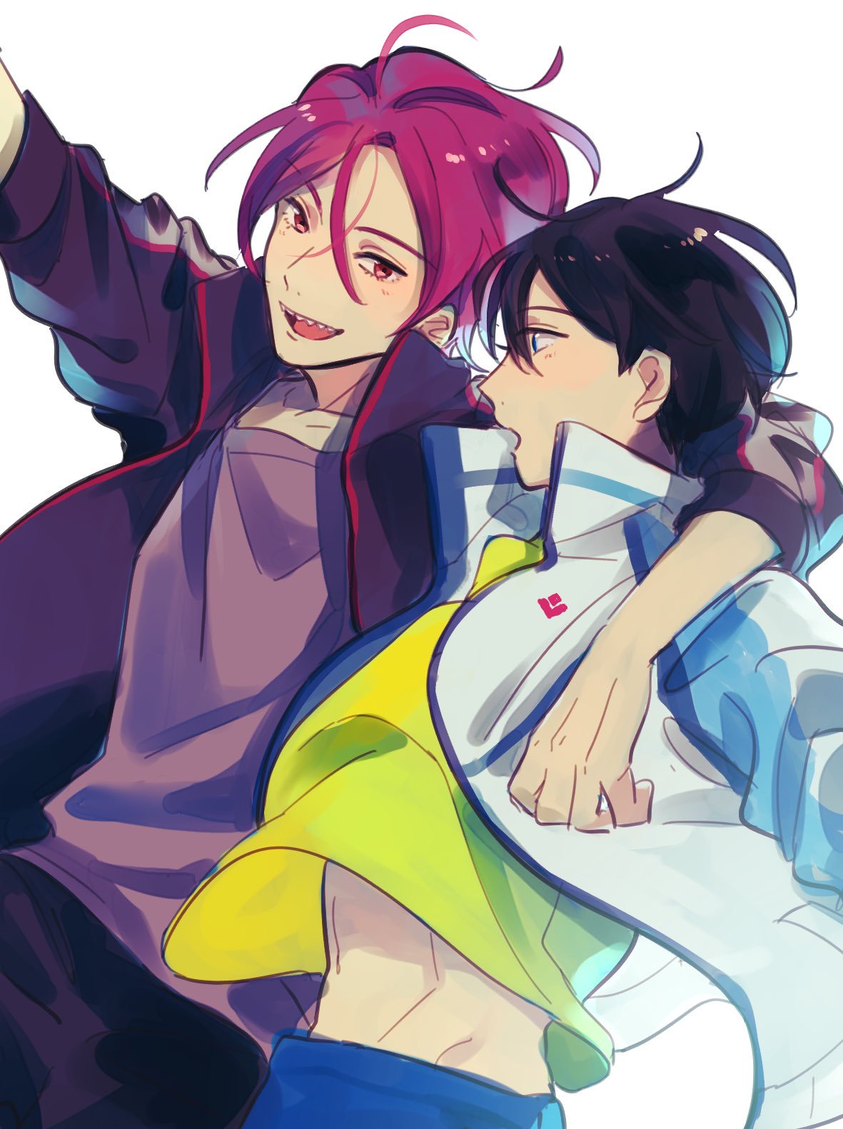 matsuoka rin, nanase haruka (free!), free!, commentary request, highres, 2boys, arm around shoulder, black jacket, hair between eyes, jacket, male focus, midriff peek, multiple boys, open mouth, outstretched arm, purple shirt, red hair, shaaark rotta03, sharp teeth, shirt, simple background, teeth, white background, white jacket, yellow shirt