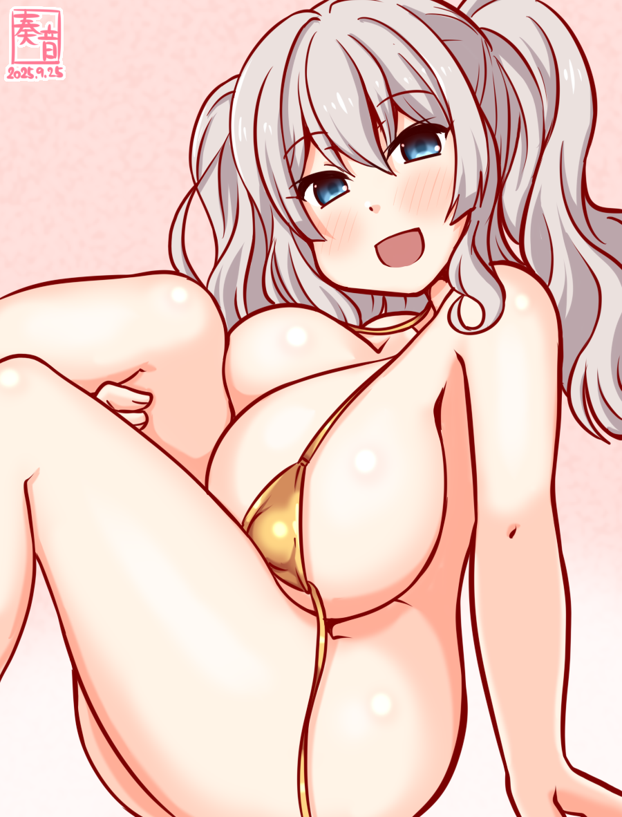 kanon (kurogane knights), kashima (kancolle), kantai collection, commentary request, 1girl, alternate breast size (larger), alternate costume, artist logo, bikini, blue eyes, blush, bottomless, breasts, dated, feet out of frame, gold bikini, gradient background, grey hair, large breasts, logo, long hair, looking at viewer, one-hour drawing challenge, open clothes, pink background, sitting, smile, solo, string bikini, swimsuit, twintails, untied bikini, wavy hair
