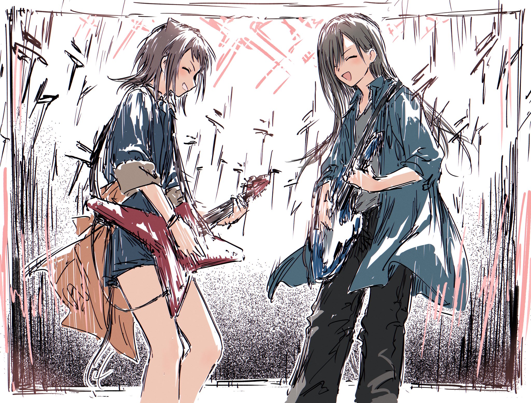 bullfalk, hanazono tae, toyama kasumi, bang dream!, highres, 2girls, black hair, black pants, blue jacket, brown hair, cable, closed eyes, clothes around waist, grey shirt, guitar, holding, holding guitar, holding instrument, instrument, jacket, jacket around waist, long hair, medium hair, multiple girls, music, pants, playing guitar, playing instrument, shirt