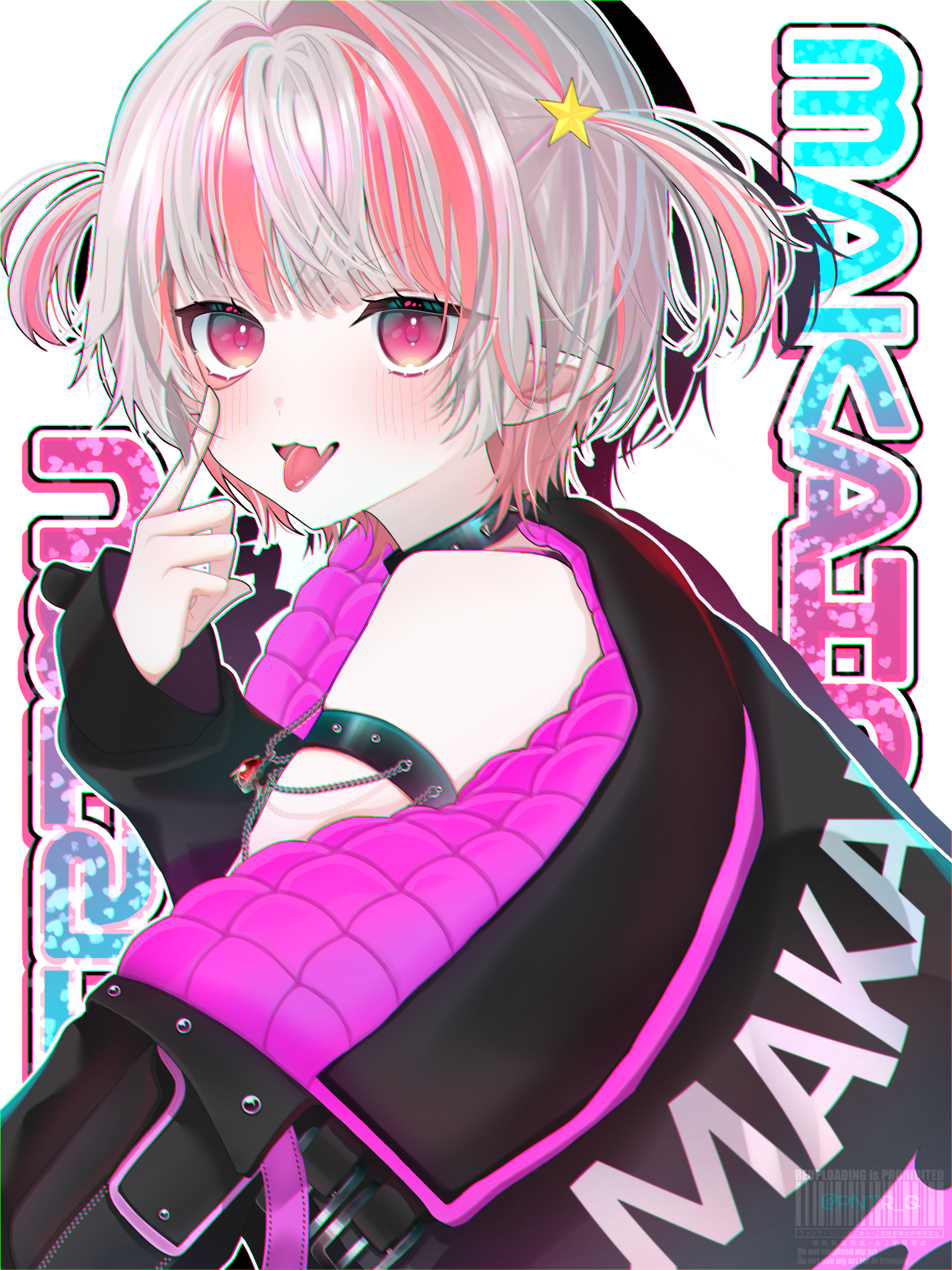 makaino ririmu, makaino ririmu (6th costume), nijisanji, highres, 1girl, akanbe, arm strap, black collar, black jacket, blunt bangs, blush, chain, clothes writing, collar, colored inner hair, ear cuffs, eyelid pull, fang, from side, grey hair, hair intakes, jacket, looking at viewer, multicolored hair, no headwear, parted lips, pink hair, pink jacket, pntr q, pointy ears, red eyes, short hair, single off shoulder, skin fang, solo, spiked collar, spikes, star (symbol), streaked hair, text background, tongue, tongue out, two-sided fabric, two-sided jacket, two side up, upper body, virtual youtuber, watermark, white background, wolf cut