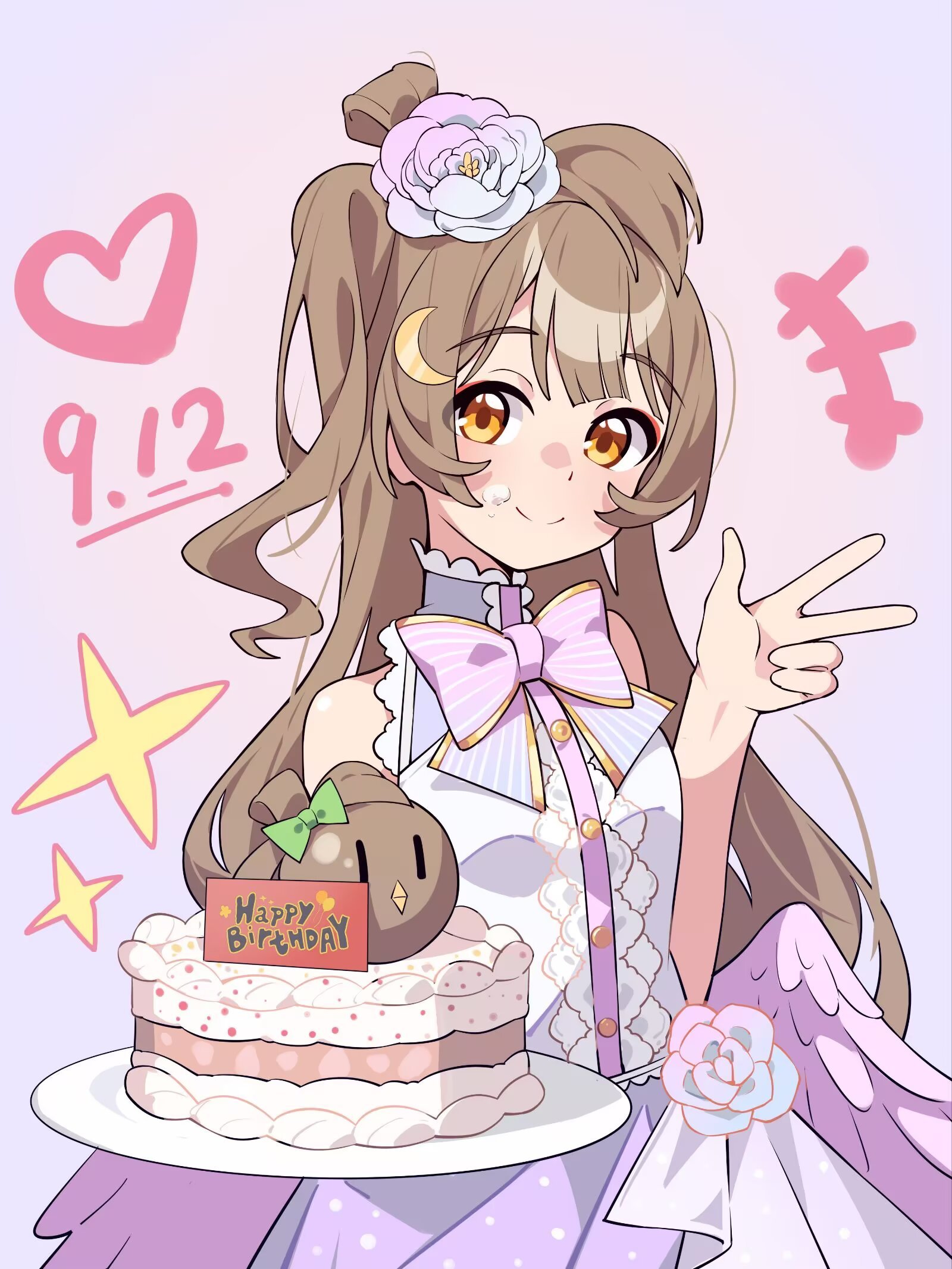 suimz, minami kotori, love live!, love live! school idol project, highres, +++, 1girl, bare shoulders, birthday cake, breasts, brown hair, cake, center frills, closed mouth, crescent, crescent hair ornament, dated, dress, flower, food, food on face, frills, hair flower, hair ornament, hand up, happy birthday, heart, holding, holding tray, long hair, low wings, pink background, simple background, sleeveless, sleeveless dress, small breasts, smile, solo, sparkle, split mouth, tray, w, wings, yellow eyes