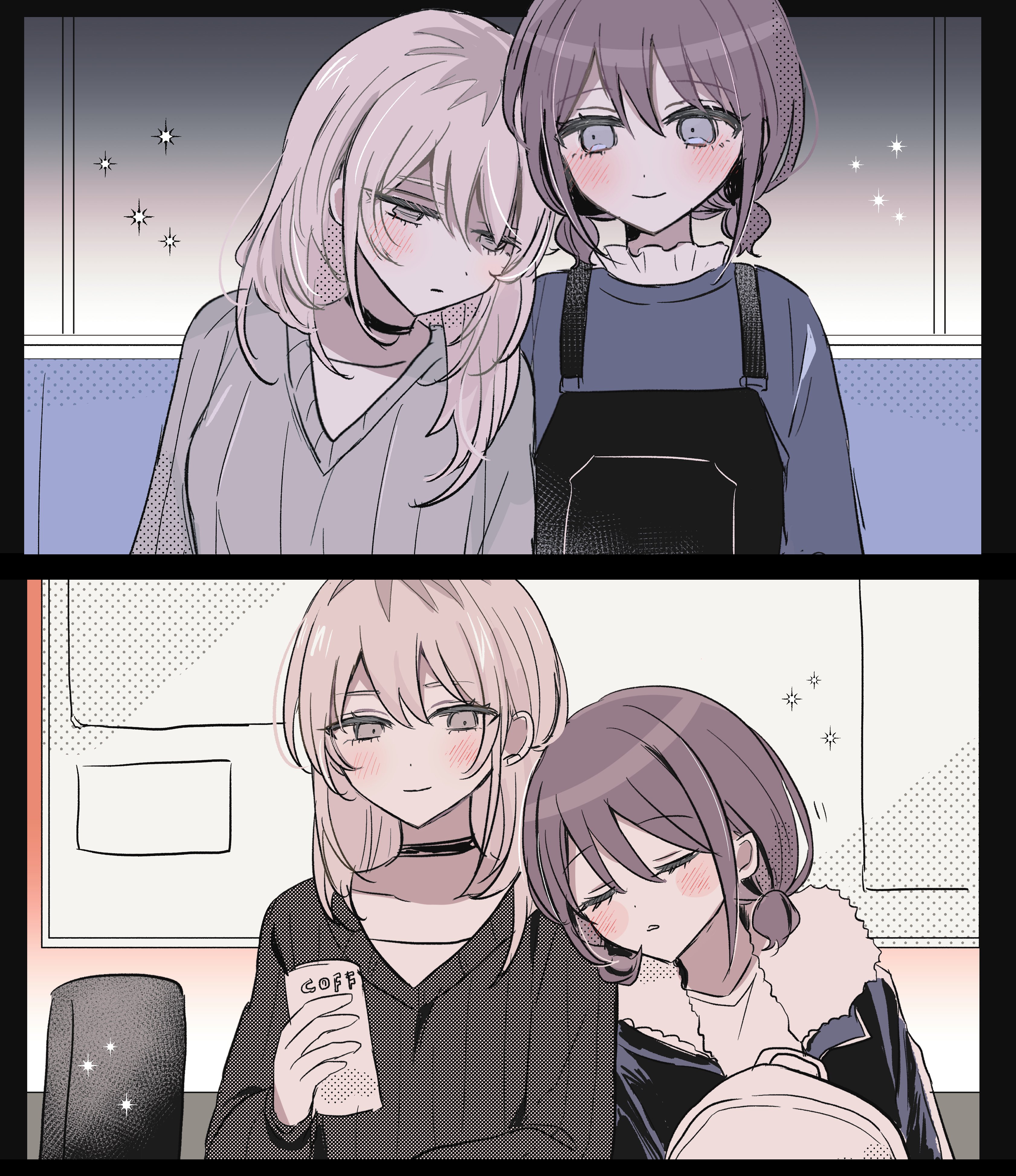 hamchan69, iseri nina, kawaragi momoka, girls band cry, absurdres, commentary, highres, 2girls, black choker, black overalls, black sweater, blue sweater, brown hair, can, canned coffee, choker, drink can, grey hair, grey sweater, hair between eyes, long hair, low twintails, multicolored hair, multiple girls, overalls, roots (hair), short hair, sleeping, sleeping on person, sweater, twintails