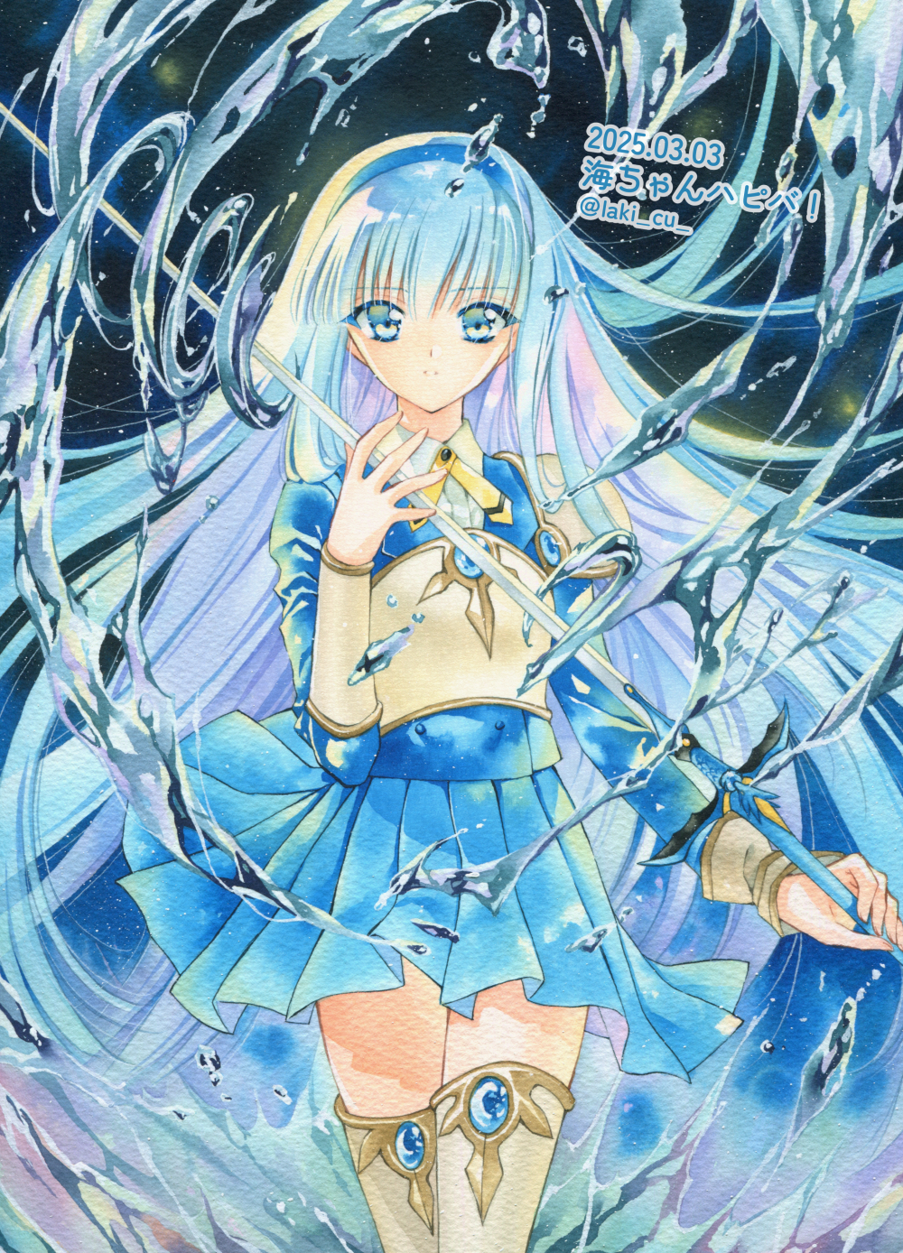 laki (laki cu), ryuuzaki umi, magic knight rayearth, highres, making-of available, marker (medium), traditional media, armor, armored dress, blue eyes, blue gemstone, blue hair, blue hairband, blue shirt, blue skirt, blue theme, chest guard, cowboy shot, dated, dot nose, dress, escudo sword (rayearth), gem, hairband, holding, holding sword, holding weapon, hydrokinesis, left-handed, legs together, long hair, parted lips, pleated skirt, school uniform, shirt, skirt, standing, sword, thighhighs, twitter username, water, watermark, weapon, white thighhighs, zettai ryouiki