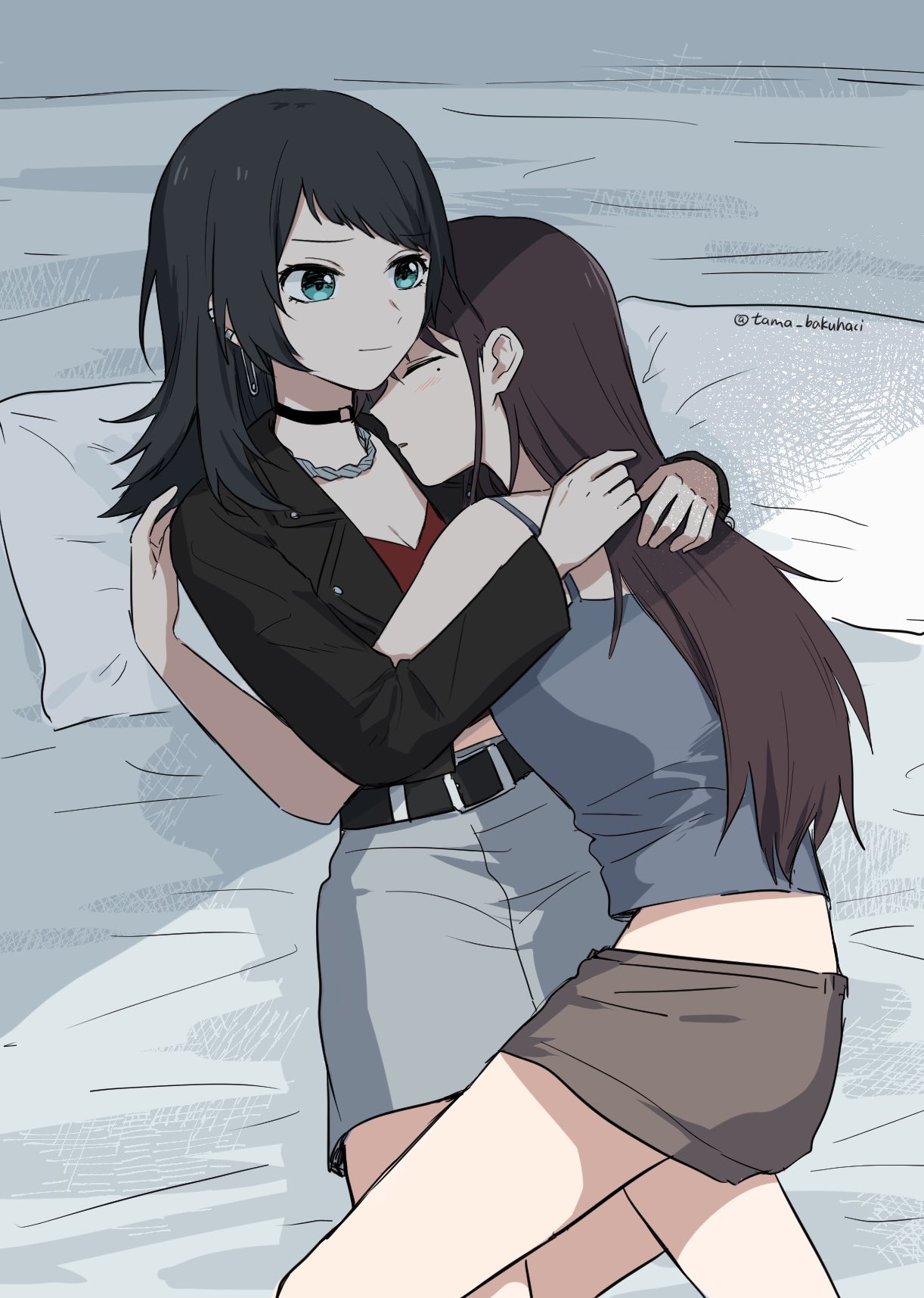 rankaku, shiina taki, yahata umiri, bang dream!, bang dream! it's mygo!!!!!, chinese commentary, commentary request, highres, translation request, 2girls, belt, black belt, black choker, black hair, black jacket, blue eyes, blush, breasts, brown hair, brown shorts, camisole, chinese text, choker, cleavage, grey camisole, grey skirt, hug, jacket, jewelry, long hair, medium hair, mole, mole under eye, multiple girls, necklace, open mouth, red shirt, shirt, shorts, skirt, sleeping, yuri