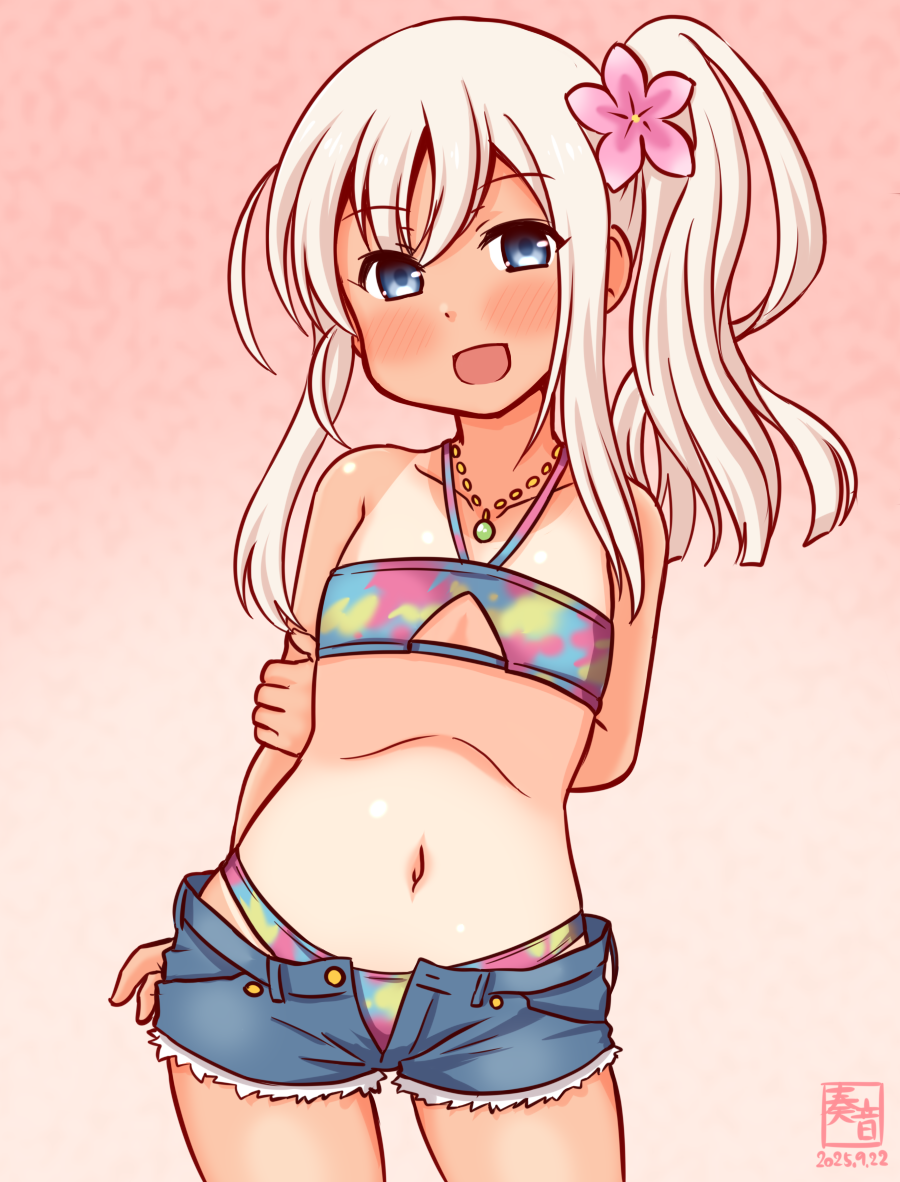 kanon (kurogane knights), grecale (kancolle), grecale (swimsuit) (kancolle), ro-500 (kancolle), kantai collection, commentary request, 1girl, arm behind back, artist logo, bikini, blonde hair, blue bikini, blue eyes, cosplay, cowboy shot, cutoffs, dated, denim, denim shorts, flower, gradient background, grecale (kancolle) (cosplay), hair flower, hair ornament, halterneck, jewelry, logo, long hair, multicolored bandeau, navel, necklace, one-hour drawing challenge, one-piece tan, open fly, pink background, shorts, side ponytail, smile, solo, swimsuit, tan, tanline