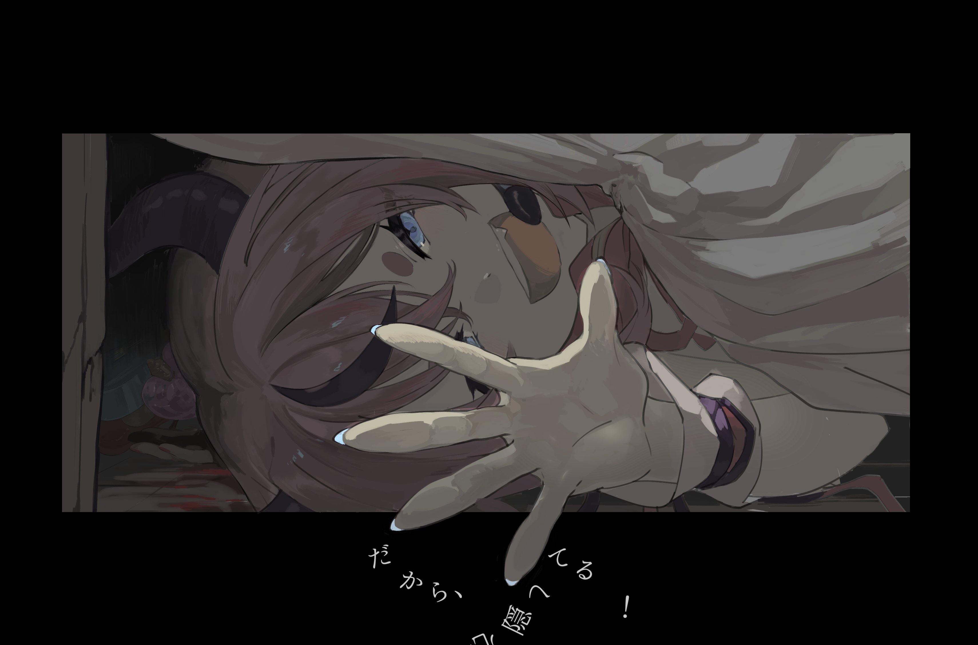 monja tabetai, meika hime, meika mikoto, vocaloid, absurdres, commentary request, highres, 2others, black border, blood, blood stain, blue eyes, blue nails, border, curtains, fang, fangs, half-closed eyes, hikimayu, implied murder, looking at viewer, lying, lyrics, multiple others, on side, open mouth, opening curtains, outside border, pink hair, reaching, reaching towards viewer, sideways, smile, solo focus, upper body