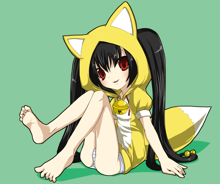 kooh (pangya), pangya, bad id, bad pixiv id, animal costume, animal ears, barefoot, bell, black hair, feet, fox ears, long hair, panties, red eyes, solo, tail, twintails, underwear