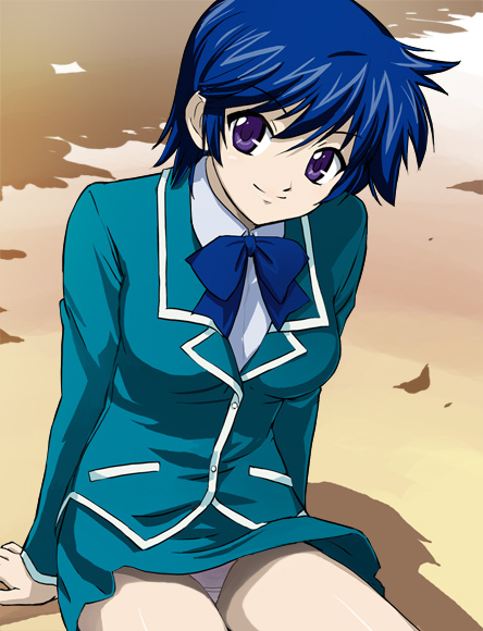 haruyama kazunori, kudou nanase, kaze no stigma, 00s, 1girl, blue hair, female focus, panties, purple eyes, school uniform, serafuku, short hair, sitting, solo, underwear