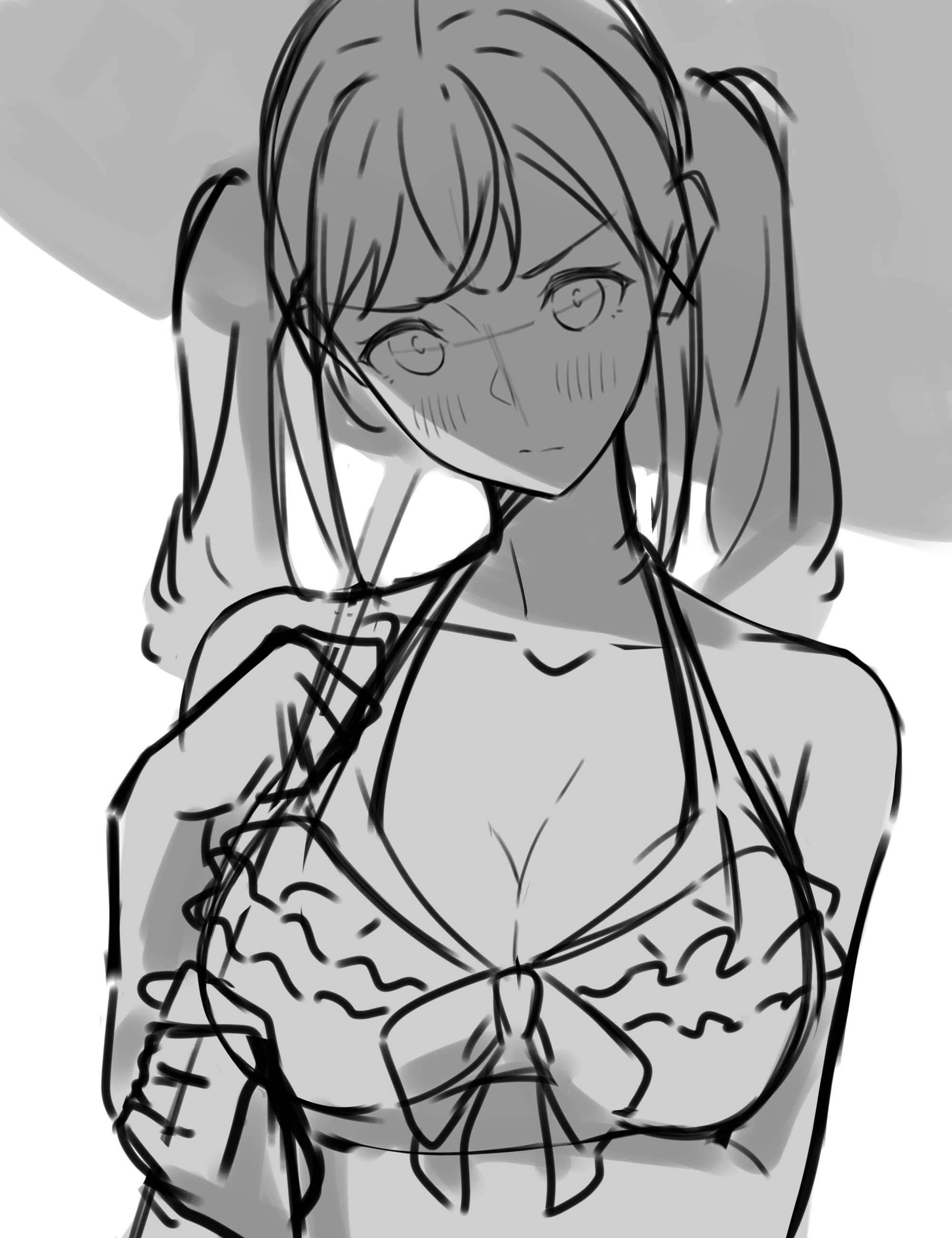 kanade (kanade 3344), ichigaya arisa, bang dream!, absurdres, commentary, highres, 1girl, bikini, breasts, closed mouth, greyscale, holding, holding umbrella, large breasts, looking at viewer, monochrome, simple background, solo, swimsuit, twintails, umbrella, upper body, white background