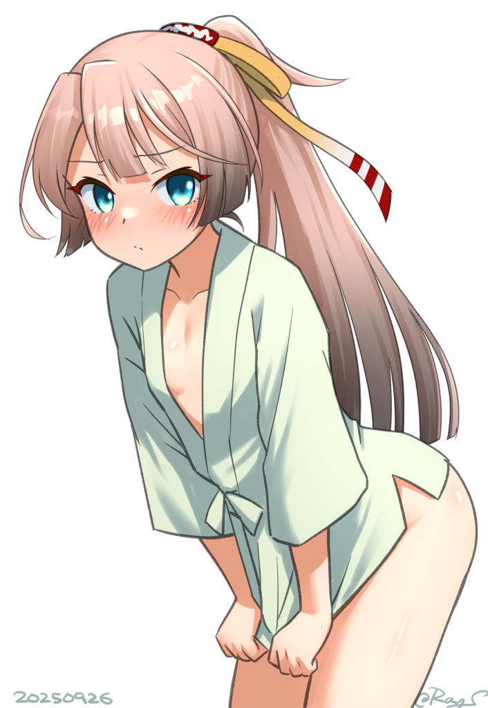 ray.s, kazagumo (kancolle), kantai collection, 1girl, blue eyes, breasts, brown hair, clothes pull, gradient hair, hair ribbon, japanese clothes, leaning forward, long hair, looking at viewer, mizu happi, multicolored hair, one-hour drawing challenge, ponytail, ribbon, simple background, small breasts, solo, white background