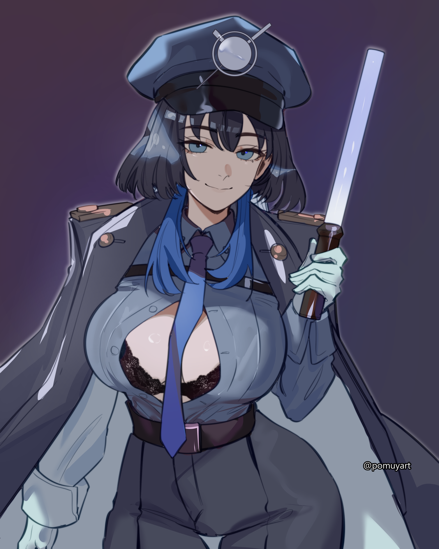 pomuya, ouro kronii, ouro kronii (4th costume), hololive, hololive english, highres, 1girl, black bra, black hair, blue eyes, blue hair, blue hat, blue necktie, blue pants, blue shirt, bra, breasts, closed mouth, coat, coat on shoulders, collared shirt, colored inner hair, colored tips, hand up, hat, high-waist pants, holding, lace, lace bra, large breasts, long hair, long sleeves, looking at viewer, military uniform, multicolored hair, necktie, official alternate costume, official alternate hairstyle, pants, partially unbuttoned, police hat, shirt, sidelocks, simple background, smile, solo, two-tone hair, underwear, virtual youtuber, wolf cut