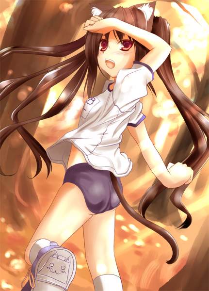 kooh (pangya), pangya, animal ears, black hair, cat ears, long hair, red eyes, sepia, solo, twintails