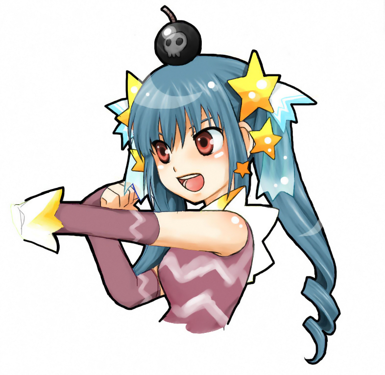kooh (pangya), pangya, blue hair, blush, long hair, red eyes, ribbon, solo, star (symbol), twintails