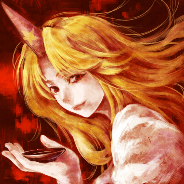 tamachi kuwa, hoshiguma yuugi, touhou, 1girl, alcohol, blonde hair, cup, female focus, horns, red eyes, sakazuki, sake, single horn, solo