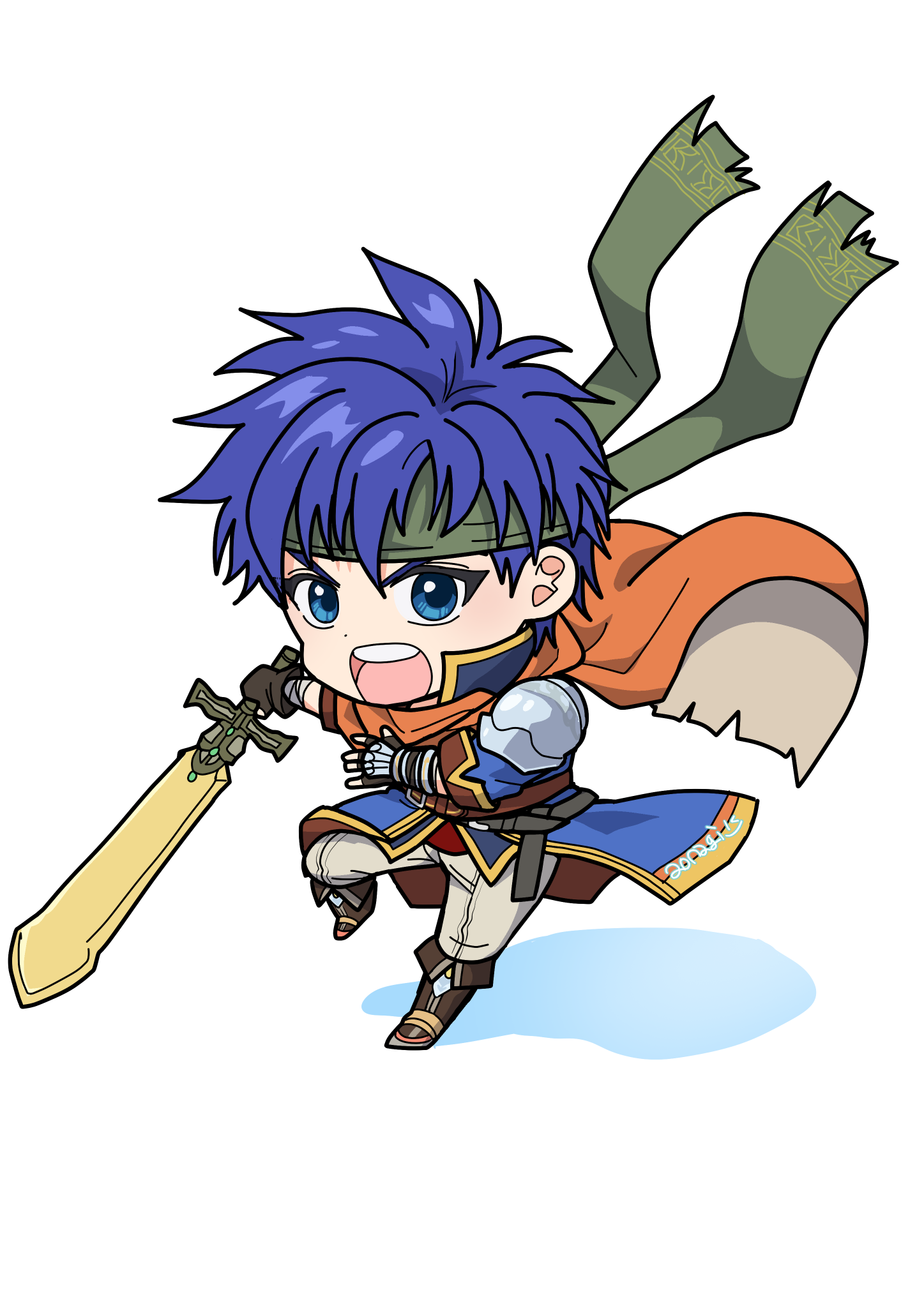 ike (fire emblem), fire emblem, fire emblem: path of radiance, nintendo, commentary request, highres, 1boy, aonagimay, blue eyes, blue hair, cape, chibi, full body, green headband, headband, holding, holding sword, holding weapon, male focus, open mouth, ragnell, short hair, simple background, solo, sword, weapon, white background