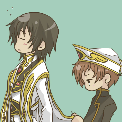 lelouch vi britannia, rolo lamperouge, code geass, 00s, borrowed clothes, brown hair, chibi, green background, hat, male focus, simple background, white hat