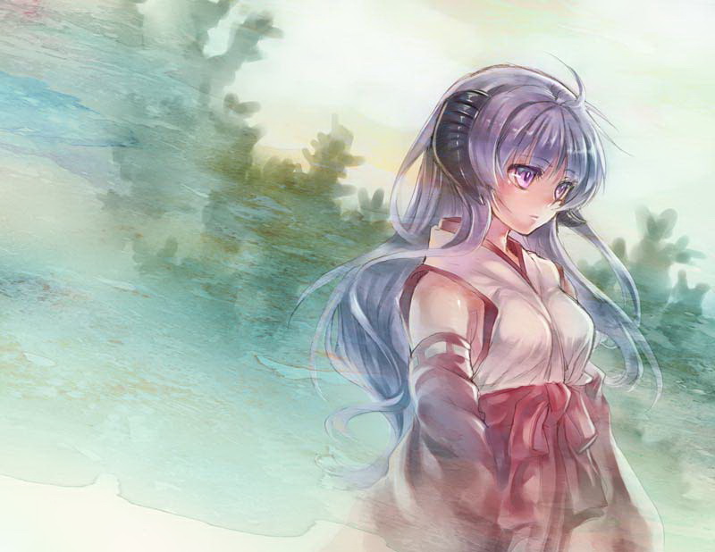 tenkuu sphere, hanyuu, higurashi no naku koro ni, 00s, 1girl, ahoge, detached sleeves, expressionless, female focus, hakama, hakama skirt, horns, japanese clothes, long hair, miko, purple eyes, purple hair, red hakama, skirt, solo, staring