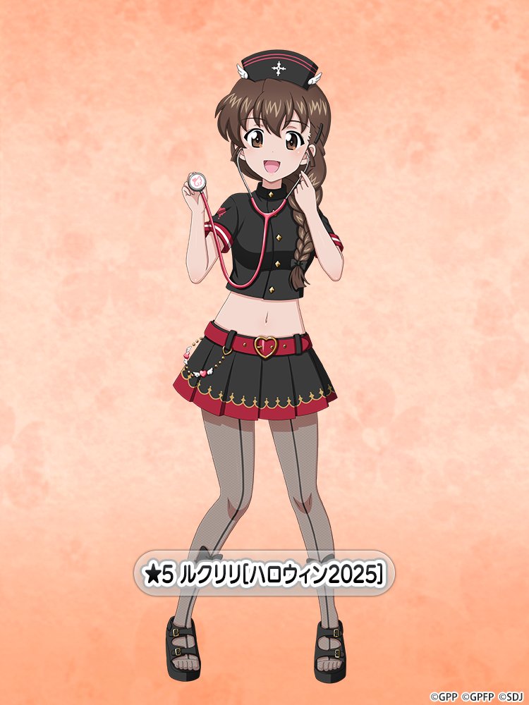 rukuriri (girls und panzer), girls und panzer, girls und panzer senshadou daisakusen!, official art, translated, 1girl, belt, black bow, black hat, black pantyhose, black sandals, black shirt, black skirt, blush, bow, braid, breasts, brown eyes, brown hair, chain, character name, cropped shirt, full body, gradient background, halloween costume, hat, heart, heart belt buckle, legs, long hair, looking at viewer, midriff, miniskirt, navel, nurse, nurse cap, open mouth, orange background, pantyhose, pleated skirt, red belt, red trim, sandals, shirt, short sleeves, single braid, skirt, smile, standing, stethoscope, thighs