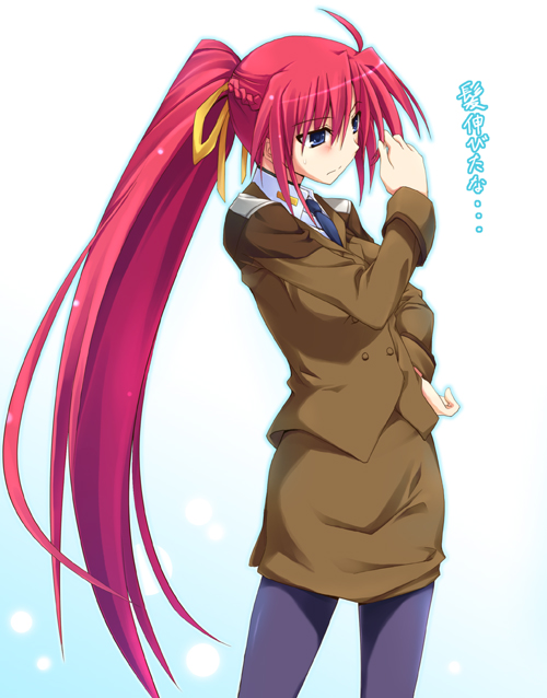 kusakami akira, signum, lyrical nanoha, mahou shoujo lyrical nanoha, mahou shoujo lyrical nanoha a's, mahou shoujo lyrical nanoha strikers, 00s, 1girl, female focus, long hair, military, military uniform, pantyhose, ponytail, ribbon, solo, very long hair