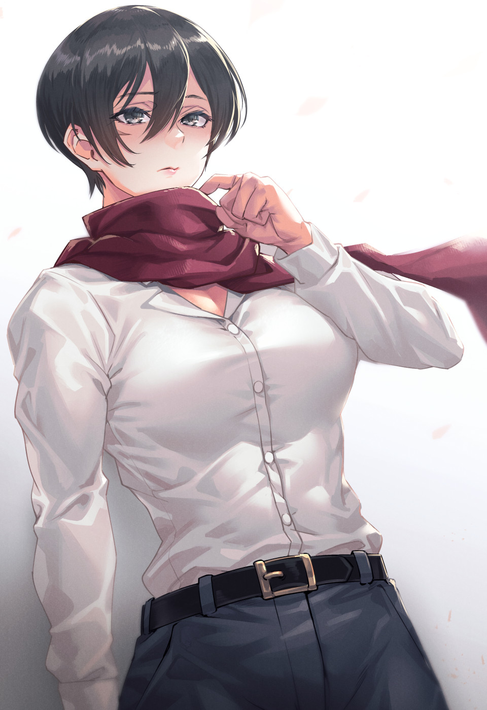 mikel (4hands), mikasa ackerman, shingeki no kyojin, commentary, highres, 1girl, belt, black belt, black eyes, black hair, black pants, closed mouth, hair between eyes, pants, red scarf, scar, scar on face, scarf, shirt, short hair, solo, white shirt