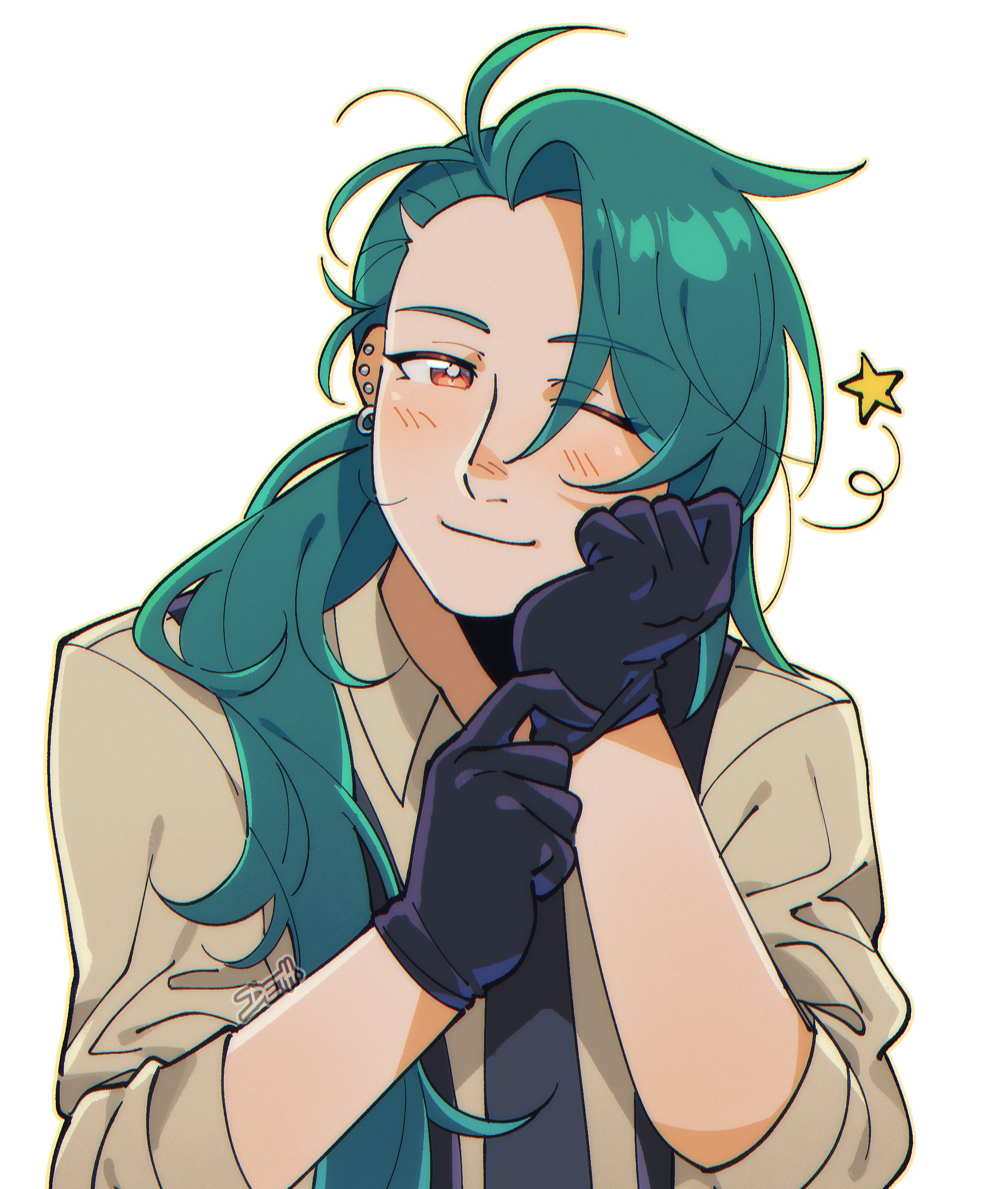 johan (deathamaranth), rika (pokemon), nintendo, pokemon, absurdres, commentary, highres, 1girl, adjusting clothes, adjusting gloves, androgynous, black gloves, ear piercing, earrings, eyes visible through hair, gloves, green hair, hair over shoulder, jewelry, one eye closed, piercing, ponytail, red eyes, signature, sleeves rolled up, smile, solo, star (symbol), upper body