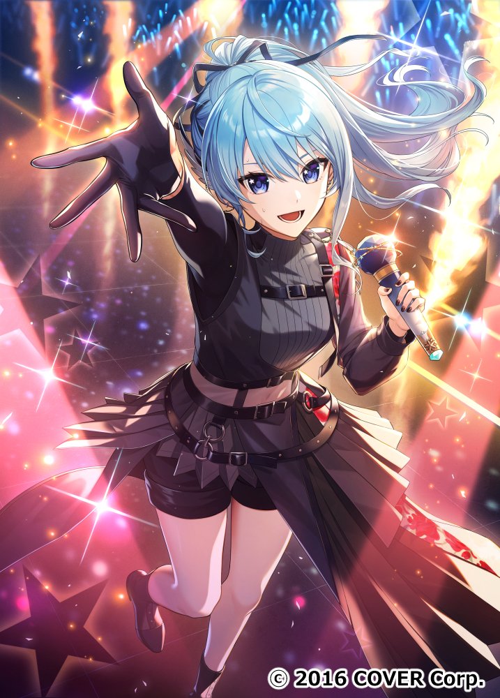 freestyle18, hoshimachi suisei, hoshimachi suisei (shout in crisis), hololive, commentary request, official art, 1girl, asymmetrical sleeves, black bow, black overskirt, black shirt, black shoes, black shorts, blue eyes, blue hair, blush, bow, chain, chest harness, company name, copyright notice, covered navel, foot out of frame, glint, gloves, glowstick, hair bow, hair ornament, hair ribbon, harness, high ponytail, holding, holding microphone, layered skirt, long hair, long sleeves, looking at viewer, microphone, mismatched sleeves, nail polish, o-ring, official alternate costume, official alternate hairstyle, open hand, open mouth, outstretched arm, penlight (glowstick), perspective, pleated skirt, ponytail, ribbon, see-through clothes, see-through midriff, shirt, shoes, shorts, sidelocks, single glove, skirt, skort, solo, stage, stage lights, standing, standing on one leg, star (symbol), star in eye, symbol in eye, turtleneck, turtleneck shirt, virtual youtuber