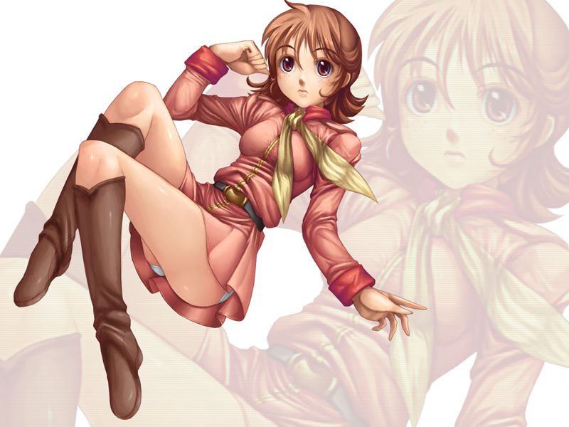 caryo, tabigarasu, fraw bow, gundam, mobile suit gundam, 1girl, ascot, belt, boots, brown hair, female focus, freckles, military, military uniform, panties, red eyes, solo, underwear, white panties, zoom layer