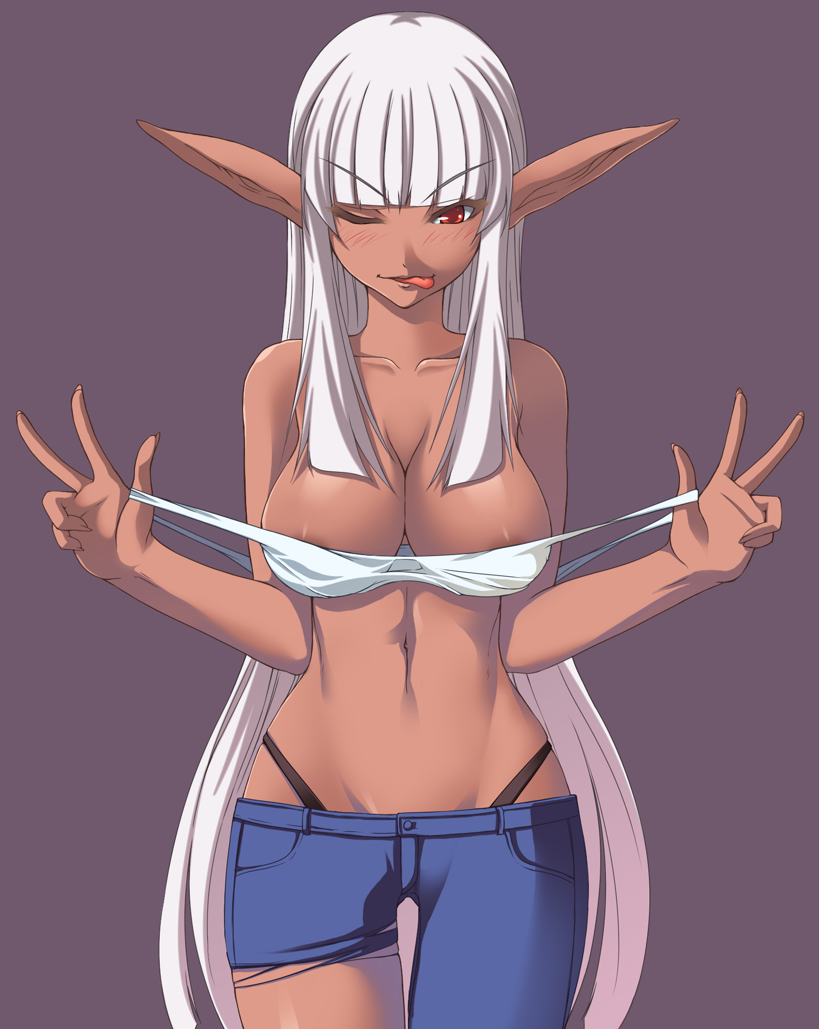 somejima, bad id, bad pixiv id, highres, 1girl, ;p, breasts, cleavage, clothes pull, dark-skinned female, dark skin, denim, elf, female focus, jeans, long hair, naughty face, navel, nipple slip, nipples, one eye closed, panties, pants, pointy ears, red eyes, shirt pull, solo, tongue, tongue out, underwear, white hair, wink