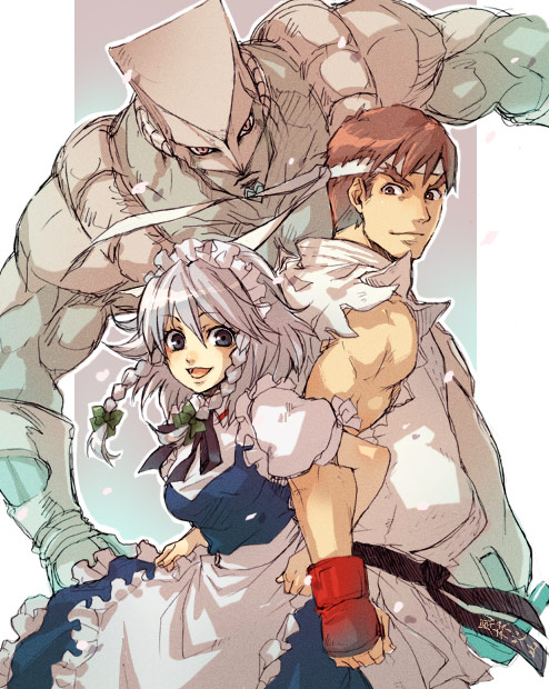 shika (pixiv), dio brando, izayoi sakuya, ryu (street fighter), the world, capcom, jojo no kimyou na bouken, m.u.g.e.n, street fighter, touhou, silver hair, non-web source, 1boy, 1girl, apron, back-to-back, crossover, dougi, hachimaki, headband, locked arms, maid, maid apron, maid headdress, multiple crossover, muscular, short hair, sleeveless, stand (jojo)