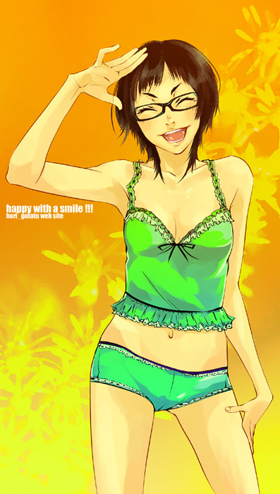 sasetsu, original, brown hair, camisole, closed eyes, glasses, midriff, navel, panties, short hair, smile, solo, underwear