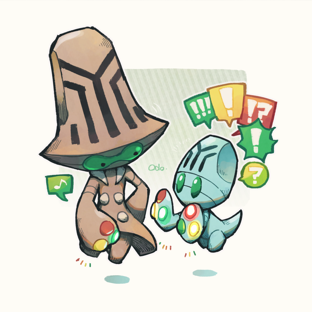 odo 7ta, beheeyem, elgyem, nintendo, pokemon, commentary request, !, !?, ?, evolutionary line, floating, full body, gen 5 pokemon, glowing hands, musical note, pokemon (creature), pokemon focus, speech bubble, spoken exclamation mark, spoken interrobang, spoken musical note, spoken question mark