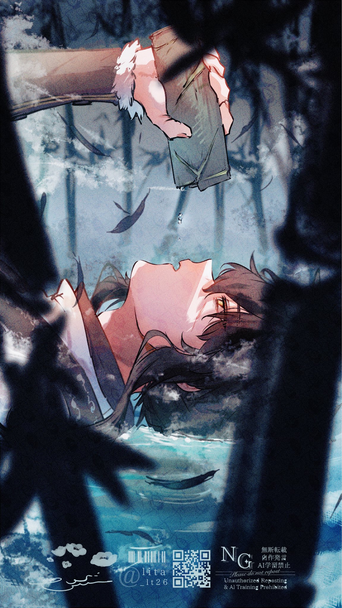 lt26, qiuyuan (wuthering waves), wuthering waves, commentary request, highres, 1boy, arm armor, black hair, blurry, blurry foreground, flask, from side, holding, holding flask, long hair, lying, male focus, on back, parted lips, profile, solo, watermark, yellow eyes