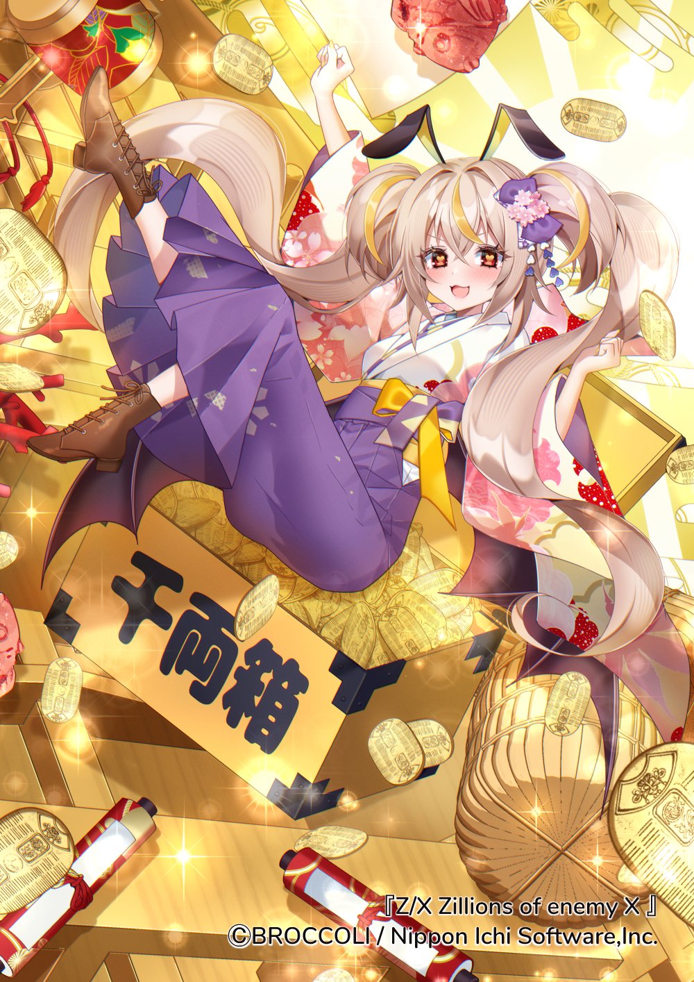 chierishu, z/x, highres, official art, 1girl, :3, animal ears, blonde hair, brown hair, brown shoes, coin, copyright notice, floral print, floral print kimono, gold coin, hair ornament, hastur (z/x), heart, heart-shaped pupils, japanese clothes, kimono, komedawara, long hair, multicolored hair, open mouth, print kimono, rabbit ears, red eyes, scroll, shoes, solo, sparkle, symbol-shaped pupils, twintails, very long hair, wooden box