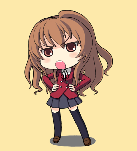 nonono (nobiwo), nonono (nononotea), aisaka taiga, toradora!, bad id, bad pixiv id, 00s, 1girl, brown eyes, brown hair, chibi, female focus, full body, long hair, school uniform, serafuku, simple background, solo, thighhighs, zettai ryouiki