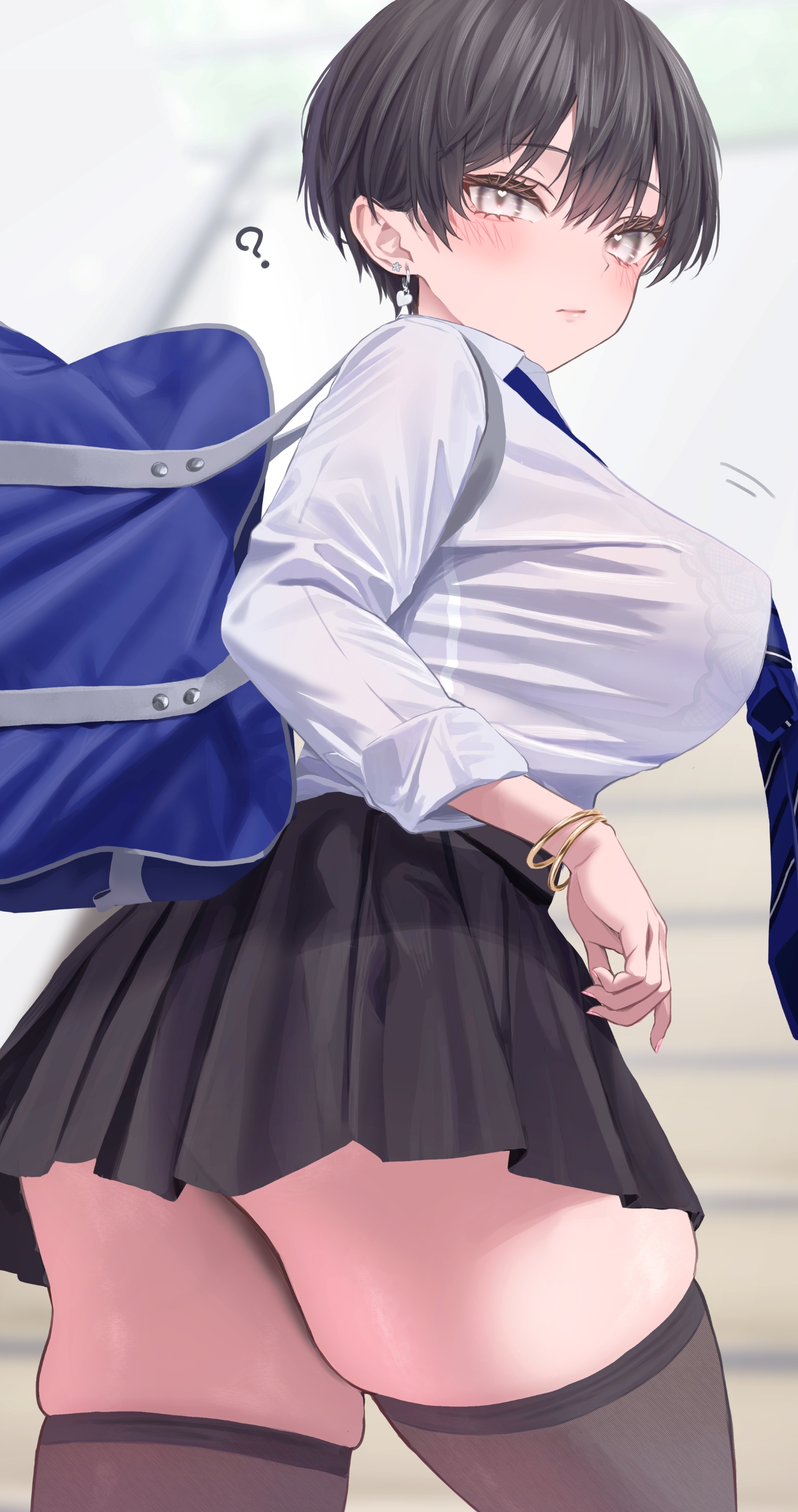 norio (noriosub), original, absurdres, commentary request, highres, 1girl, ?, bag, black hair, black skirt, blue bag, blue necktie, blurry, blurry background, blush, bracelet, breasts, earrings, grey thighhighs, indoors, jewelry, large breasts, looking at viewer, miniskirt, necktie, school bag, school uniform, shirt, shirt tucked in, short hair, skindentation, skirt, solo, stairs, thighhighs, tomboy, white shirt, zettai ryouiki