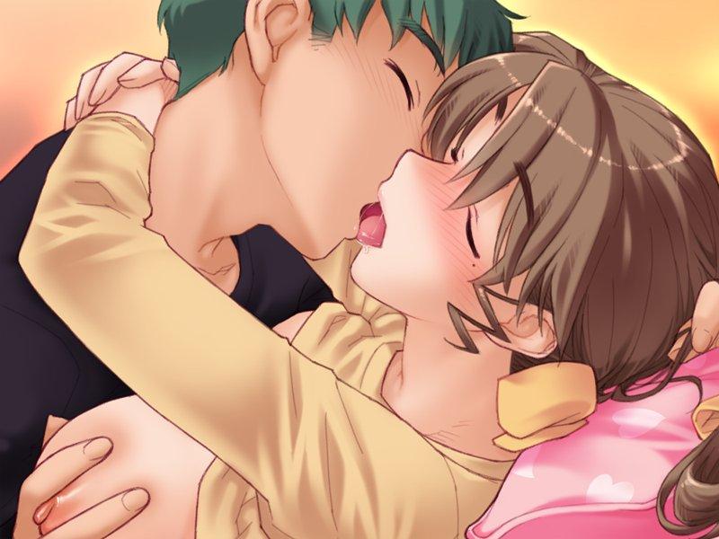 kiriyama taichi, moroboshi kyouko, moroboshi ryuuichi, sweet home, game cg, 1boy, 1girl, age difference, arms around neck, blush, bow, boy on top, breasts, breasts out, brown hair, closed eyes, clothes lift, couple, french kiss, from side, grabbing another's breast, green hair, grey hair, groping, hair bow, heart, heart print, hetero, hug, incest, indoors, kiss, large breasts, long hair, long sleeves, lying, lying on person, mature female, mole, mole under eye, mother and son, nipples, no bra, nose blush, on back, open mouth, orange background, parted bangs, pillow, ponytail, saliva, shirt, shirt lift, short hair, tongue, upper body