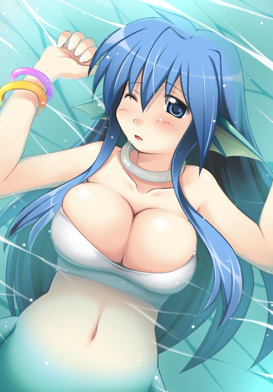ikujitto, serilly (puyopuyo), madou monogatari, puyopuyo, bad id, bad pixiv id, 1girl, blue eyes, blue hair, blush, bracelet, breast press, breasts, cleavage, dutch angle, female focus, fins, head fins, jewelry, large breasts, long hair, lying, matching hair/eyes, mermaid, monster girl, navel, neck ring, on back, one eye closed, skindentation, solo, very long hair, water, wince, wink
