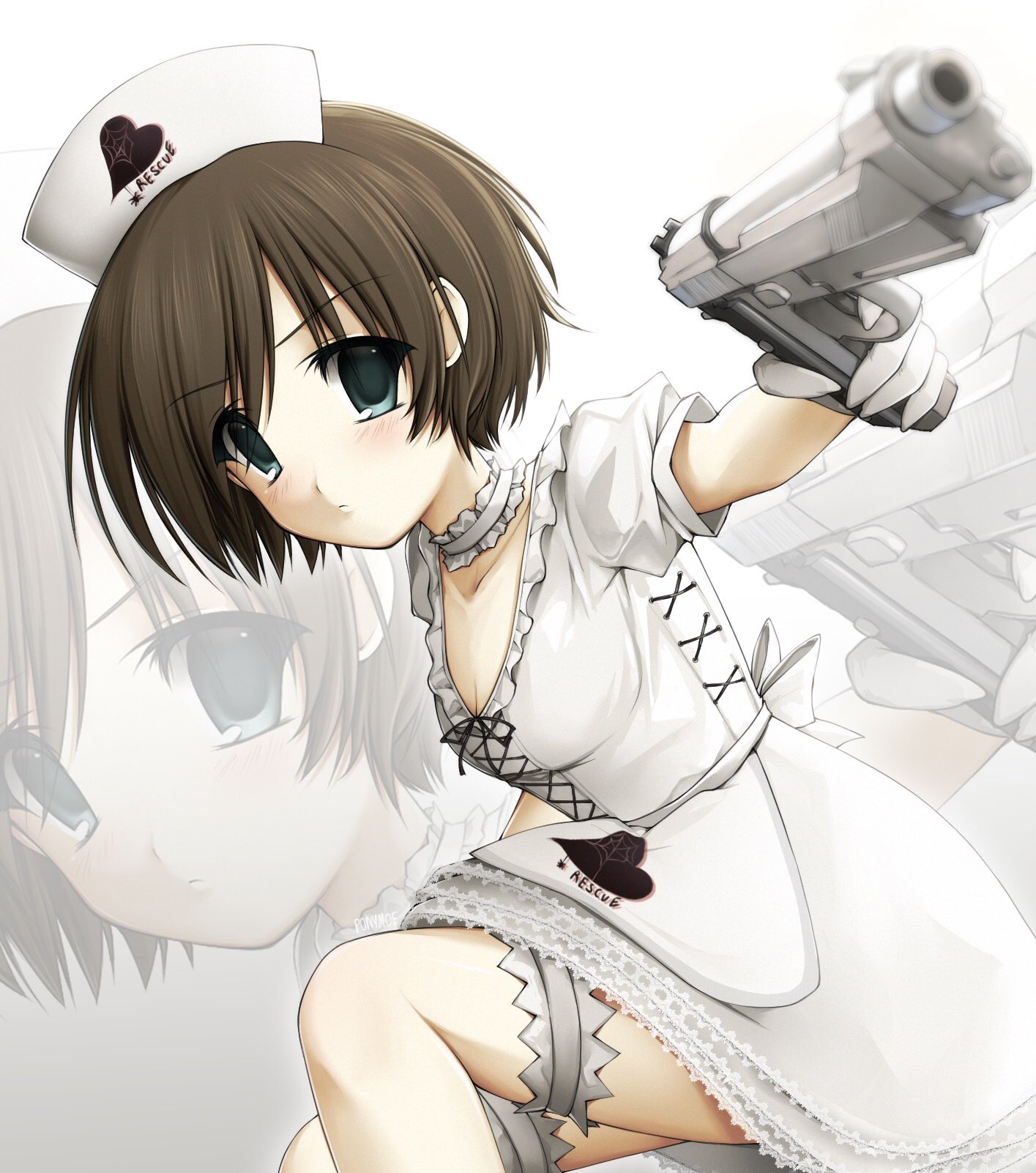 ponymoe, rebecca chambers, resident evil, resident evil: the mercenaries 3d, highres, 1girl, 2000s (style), blush, brown hair, dress, faux retro artstyle, frills, gun, handgun, hat, holding, holding gun, holding weapon, nurse cap, short hair, solo, tareme, weapon