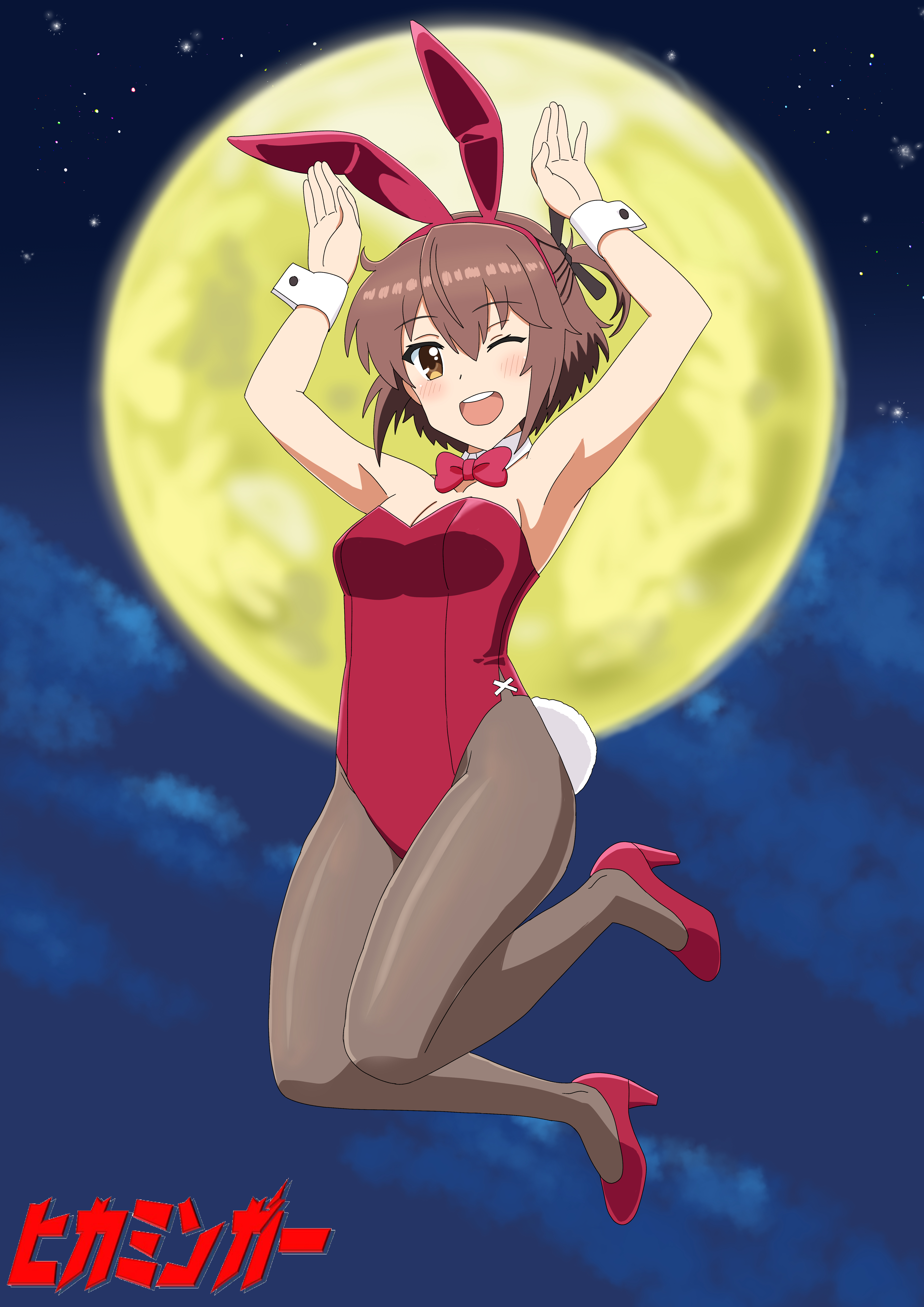 etou kanami, toji no miko, absurdres, commentary request, highres, 1girl, animal ear hairband, animal ears, artist logo, bow, bowtie, breasts, brown eyes, brown hair, cloud, detached collar, fake animal ears, full body, full moon, hairband, high heels, hikamingaa, jumping, leotard, logo, medium breasts, moon, night, night sky, one eye closed, one side up, open mouth, pantyhose, playboy bunny, rabbit ears, rabbit pose, rabbit tail, red bow, red bowtie, red leotard, red shoes, round teeth, shoes, short hair, sky, smile, solo, strapless, strapless leotard, tail, teeth, upper teeth only, wrist cuffs
