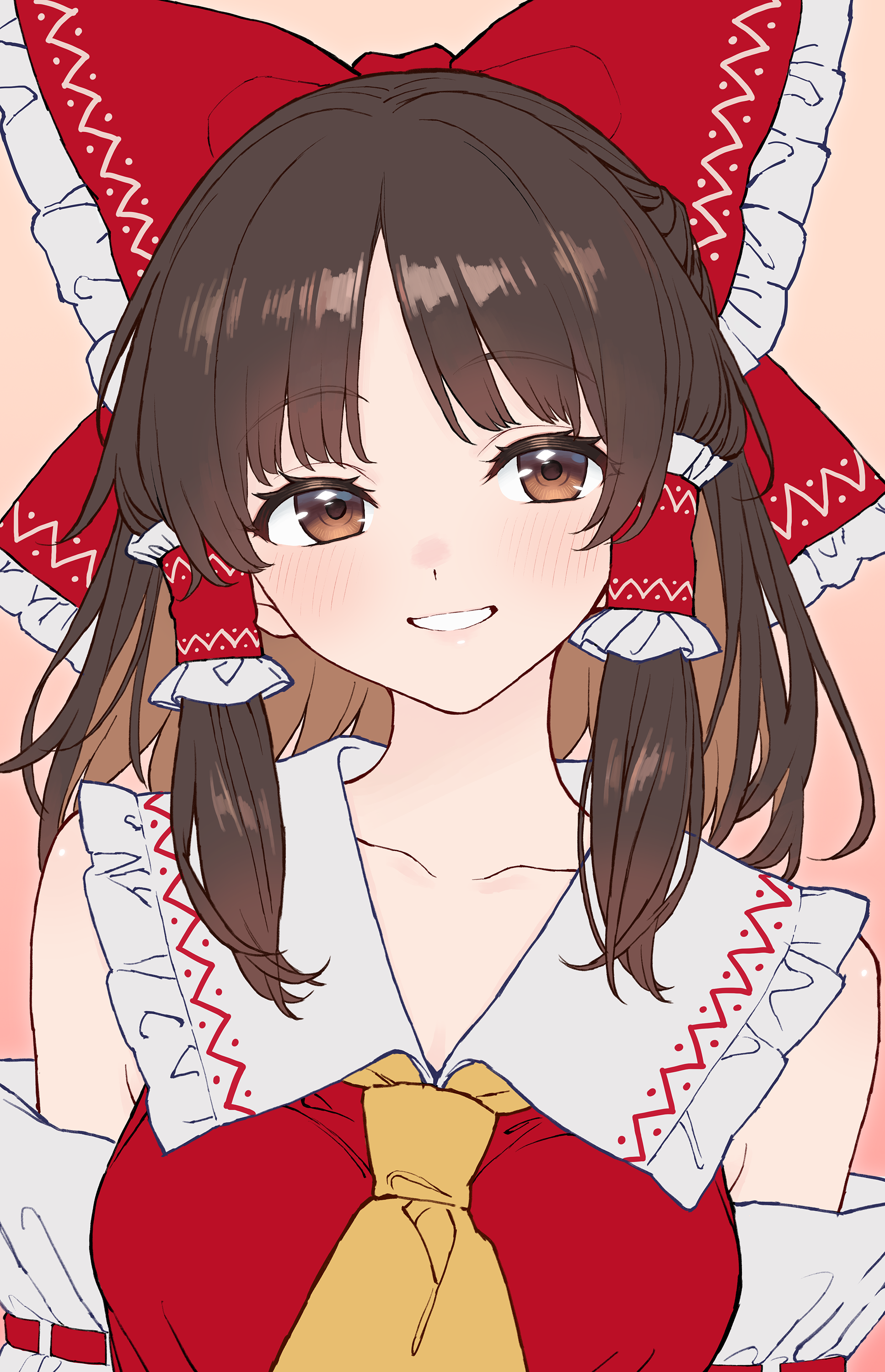 hakurei reimu, touhou, absurdres, commentary request, highres, 1girl, ascot, blush, bow, breasts, brown eyes, brown hair, collarbone, detached sleeves, frilled bow, frilled hair tubes, frills, gradient background, hair bow, hair tubes, long hair, looking at viewer, nagisa (omiwatari no ya), red background, red bow, ribbon-trimmed sleeves, ribbon trim, smile, solo, yellow ascot
