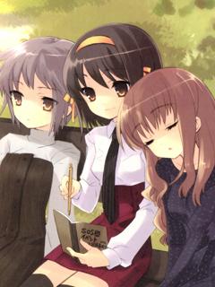 ito noizi, asahina mikuru, nagato yuki, suzumiya haruhi, suzumiya haruhi no yuuutsu, black legwear, lowres, non-web source, 00s, bench, blouse, collared shirt, day, dress, leaning on person, leaning to the side, notebook, pencil skirt, pinafore dress, qvga, shirt, sitting, skirt, sleeping, sleeveless dress, thighhighs, white shirt