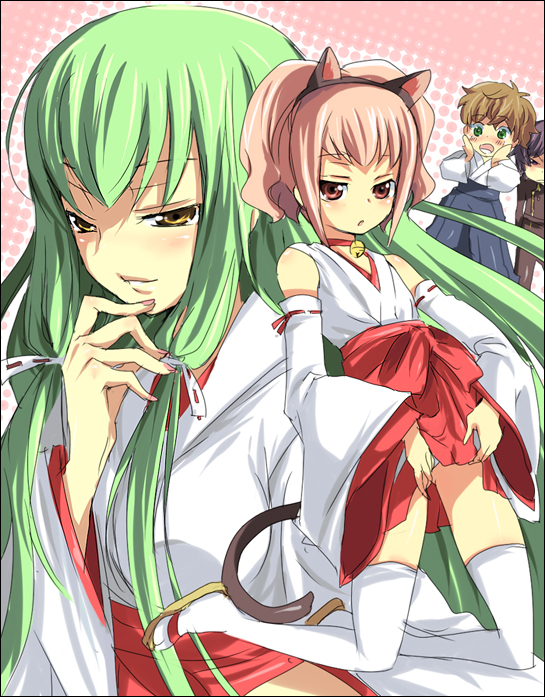 kl (dgzonbi), anya alstreim, c.c., kururugi suzaku, lelouch vi britannia, code geass, 00s, 2boys, 2girls, adapted uniform, animal ears, cat ears, cat tail, green hair, hakama, hakama skirt, japanese clothes, long hair, miko, multiple boys, multiple girls, red hakama, skirt, socks, tail, thighhighs