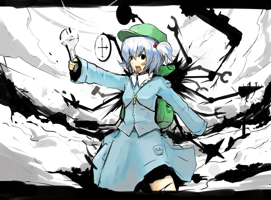sergei (pattundo), serugei, kawashiro nitori, touhou, 1girl, bag, bandaid, blue hair, female focus, hat, letterboxed, short hair, solo, two side up, wrench