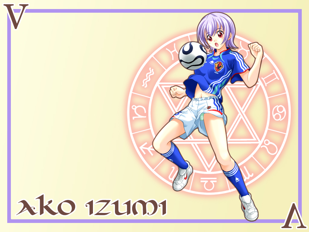 majin go!, izumi ako, 2006 fifa world cup, mahou sensei negima!, world cup, non-web source, 00s, 1girl, ball, clothes writing, female focus, midriff, navel, panties, pantyshot, purple hair, red eyes, short hair, shorts, soccer ball, soccer uniform, socks, solo, sportswear, teamgeist, underwear, upshorts