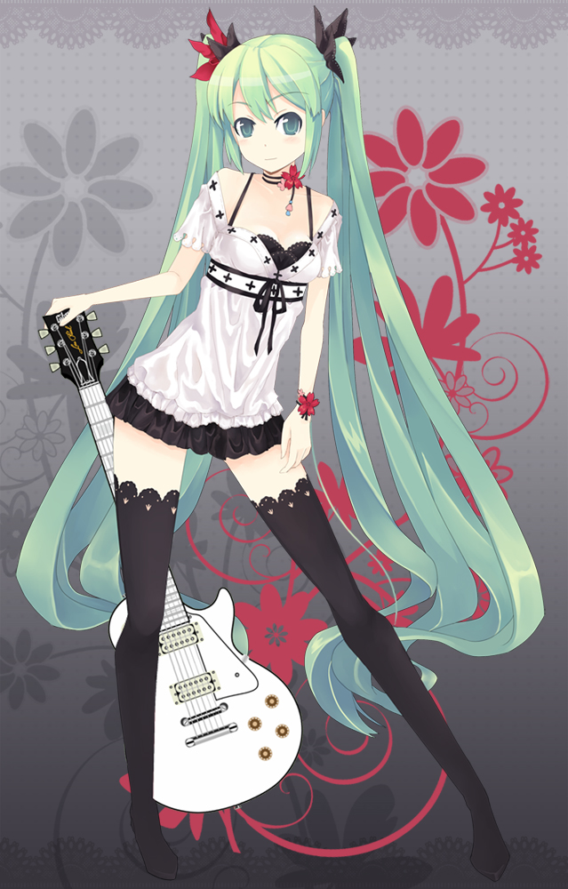 powhu, hatsune miku, vocaloid, bad id, bad pixiv id, green hair, guitar, instrument, legs, long hair, skirt, solo, thighhighs, twintails, very long hair, zettai ryouiki