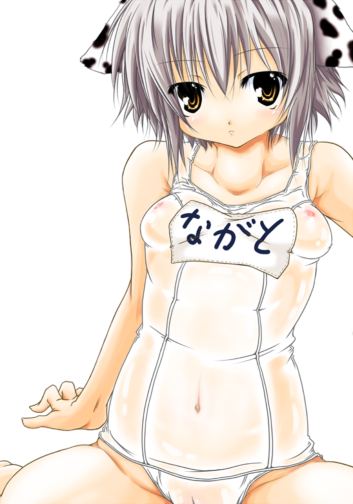 haruyonoto, nagato yuki, suzumiya haruhi no yuuutsu, 00s, 1girl, animal ears, breasts, cow ears, female focus, flat chest, nipples, one-piece swimsuit, school swimsuit, see-through clothes, small breasts, solo, swimsuit, white one-piece swimsuit