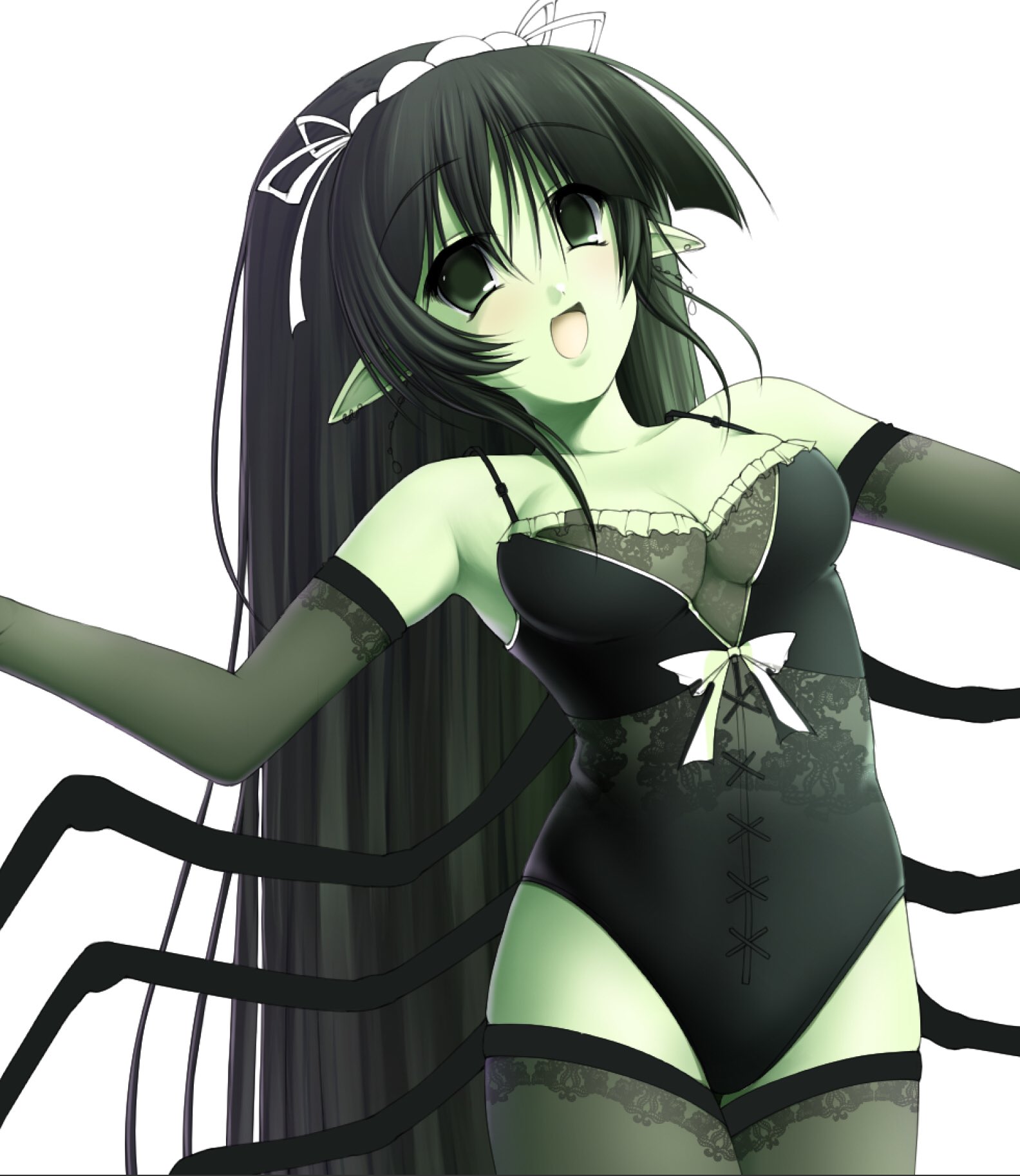 ponymoe, original, highres, 2000s (style), arthropod girl, arthropod limbs, black hair, breasts, cleavage, colored skin, faux retro artstyle, green eyes, green skin, leotard, open mouth, pointy ears, smile, thighhighs