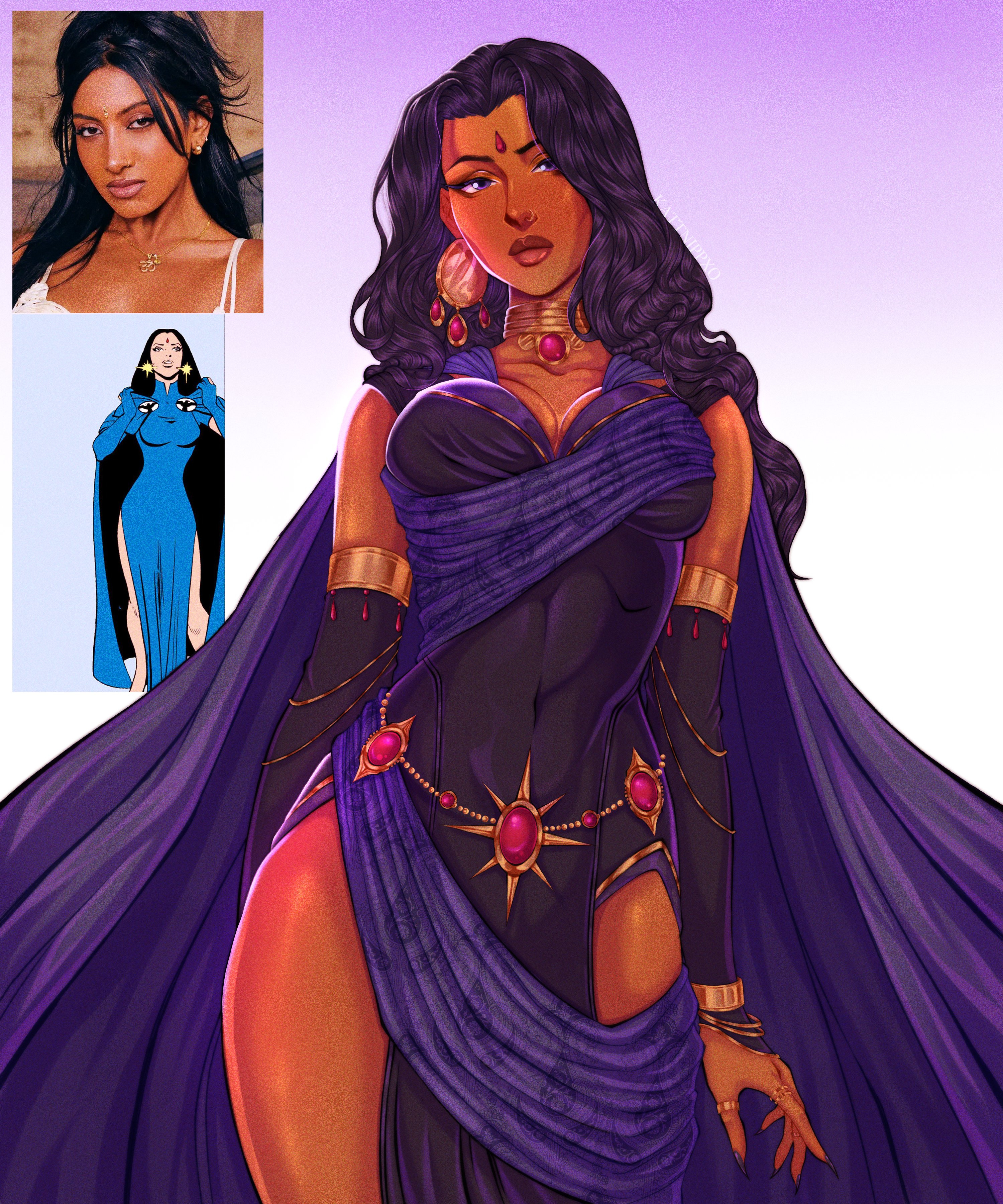 raven (dc), dc comics, real life, teen titans, absurdres, commentary, english commentary, highres, 1girl, alternate design, artist name, black leotard, breasts, cape, choker, covered navel, cowboy shot, dark-skinned female, dark skin, earrings, face piercing, fingernails, forehead jewel, index ring, jewelry, kattnippxo, lara (katseye), leotard, long hair, multiple rings, nose piercing, pelvic curtain, photo inset, piercing, purple cape, purple eyes, purple hair, reference inset, ring, sharp fingernails, thumb ring